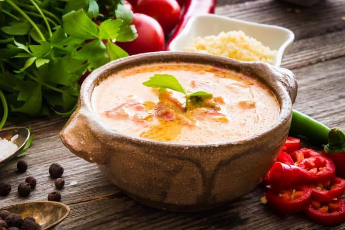 bowl of queso surrounded by veggies