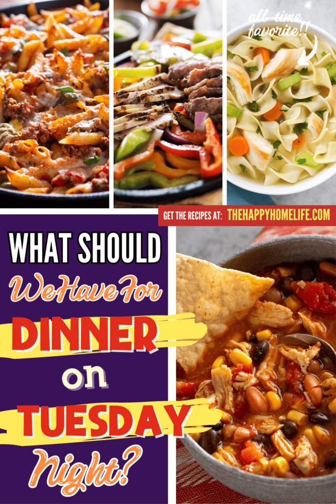 A pinterest image of different recipes, with the text - What Should We Have for Dinner on Tuesday Night? The site's link is also included in the image.