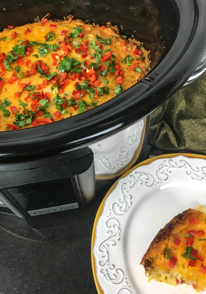 Southwestern breakfast casserole in the pot and on the plate