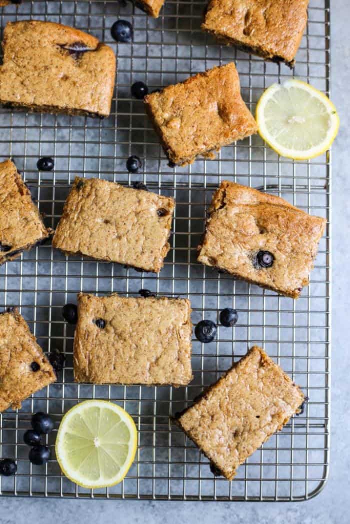 blueberry lemon breakfast bars on wire cooling rack