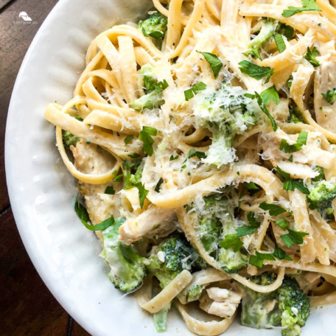 Chicken and Broccoli Alfredo overview close up