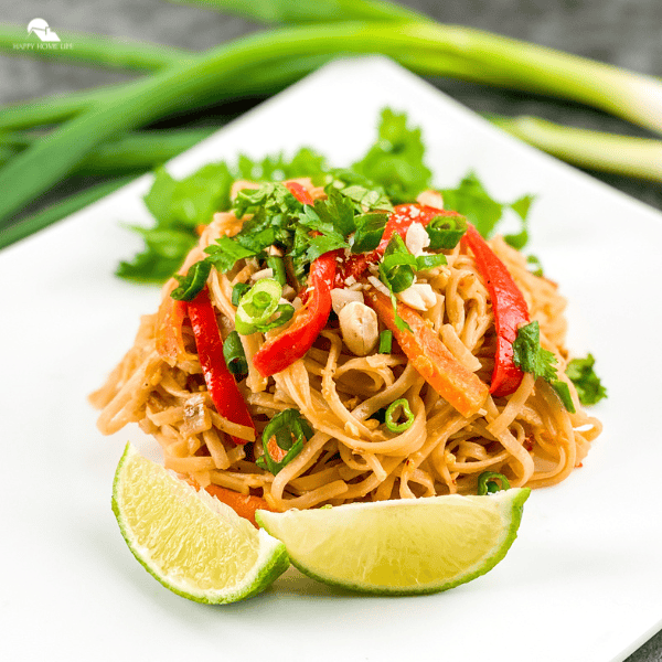An image of a Vegetable Pad Thai on a white plate. 