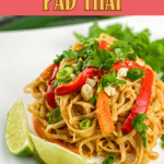 An image of Vegetable Pad Thai on a white plate. The site's link is also included in the image.