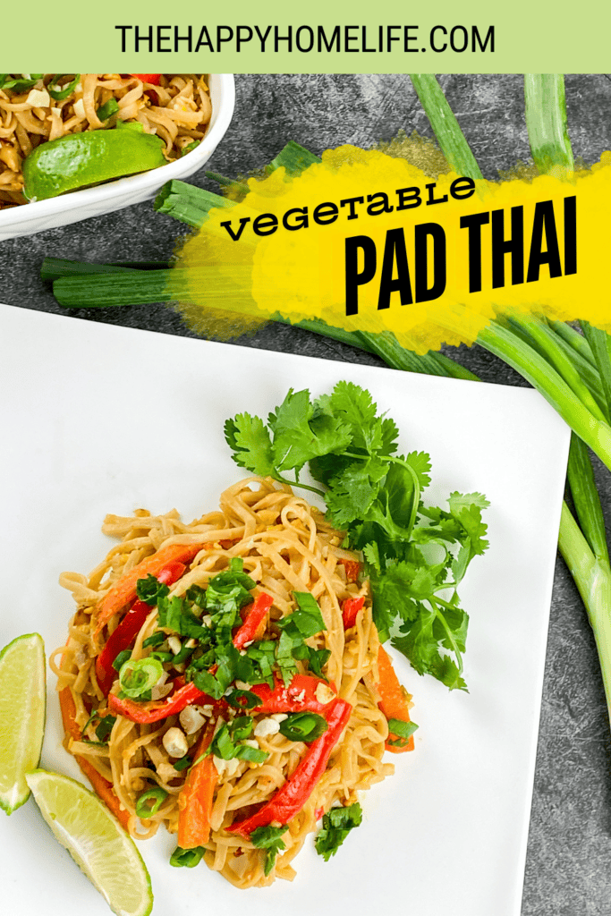 An image of a Vegetable Pad Thai on a white plate. The site's link is also included in the image.