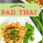 An image of Vegetable Pad Thai on a white plate. The site's link is also included in the image.