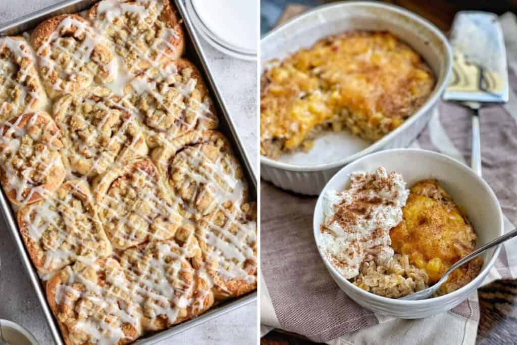 two-image collage of peach cinnamon rolls and baked peach oatmeal