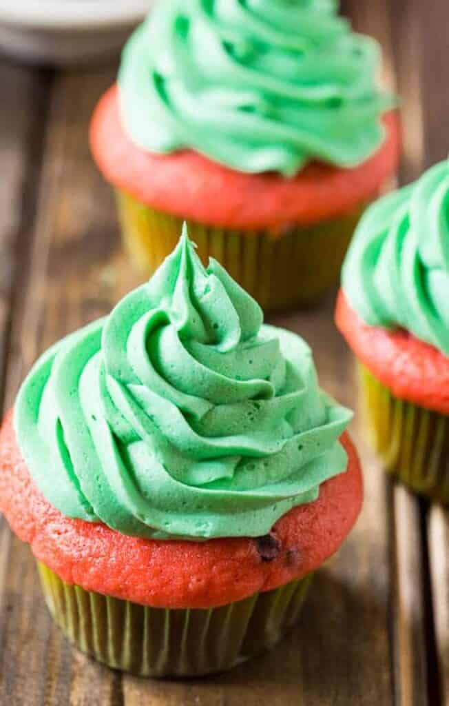 watermelon mojito cupcakes on wood background