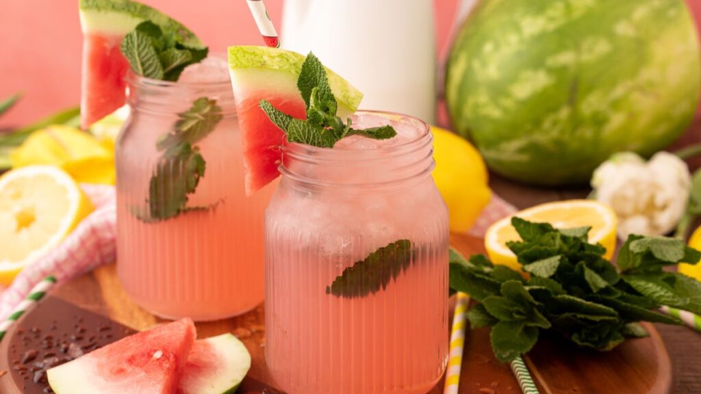 glasses of watermelon lemonade with mint sprigs