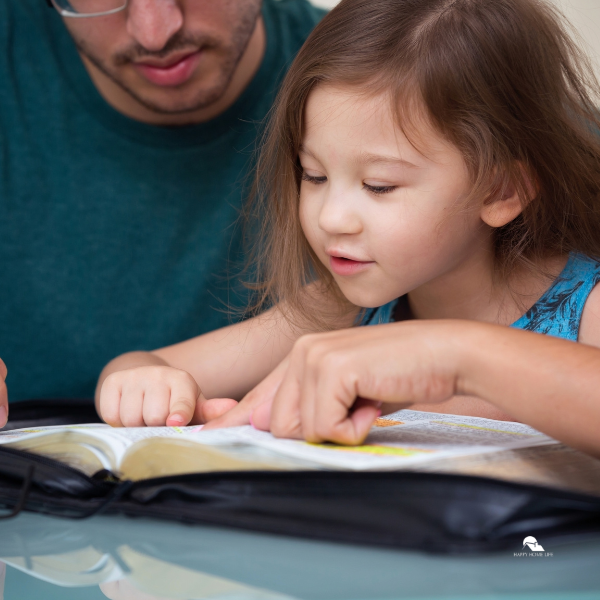 girl reading with parents