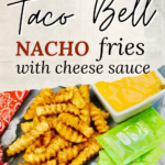 nacho fries and cheese sauce with text overlay