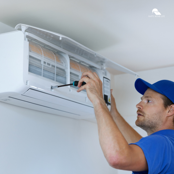 A technician in a blue cap installing an air conditioning unit on a wall, offering tips for cooling different rooms effectively.