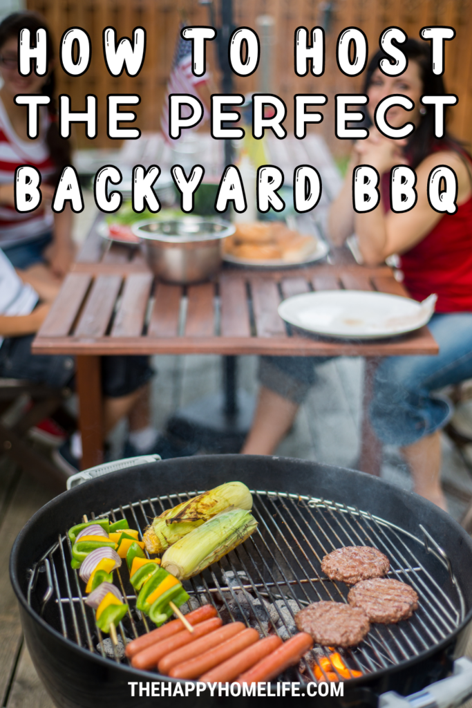 A backyard BBQ setup with a grill full of hot dogs, burgers, and vegetable skewers, offering inspiration for Backyard BBQ ideas, Summer party ideas, and simple BBQ party planning.