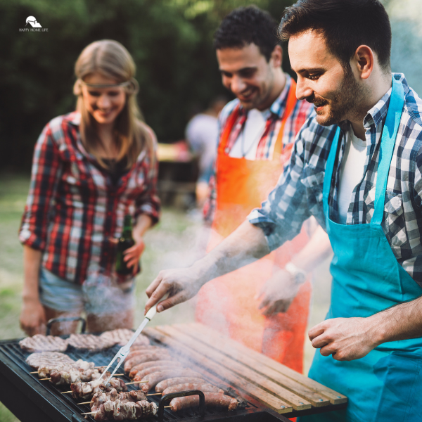 A group of friends gathered around a grill, cooking meats and enjoying the outdoors, highlighting fun Backyard BBQ ideas and Summer party ideas for easy BBQ party planning.