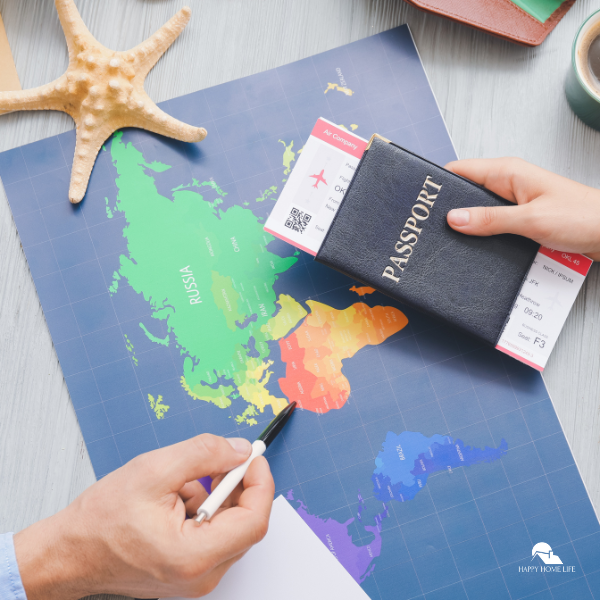 Two people planning a trip with a map, passport, and plane tickets, highlighting the convenience of using online travel agents for last-minute getaways.